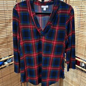 Charter Club Women's V-Neck Plaid Blouse - Red and Blue